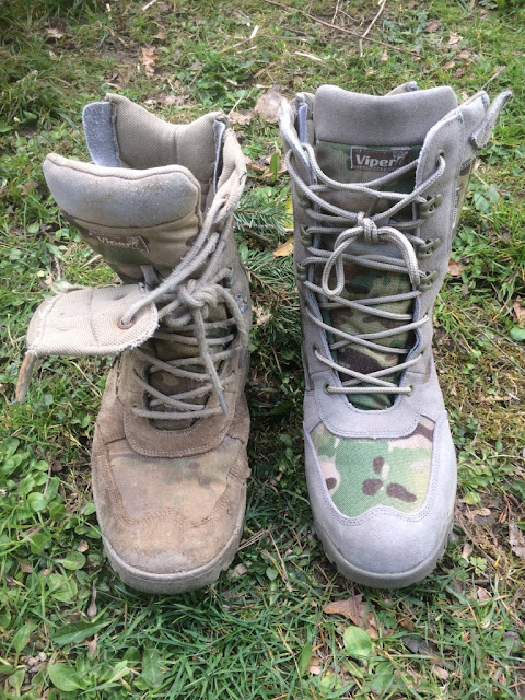 The right hand boot in the picture is the old boots, it is sagged down and shows signs of wear. The left foot boot is barnd new the colours are more vivid, and the leather is grey rather then brown. 