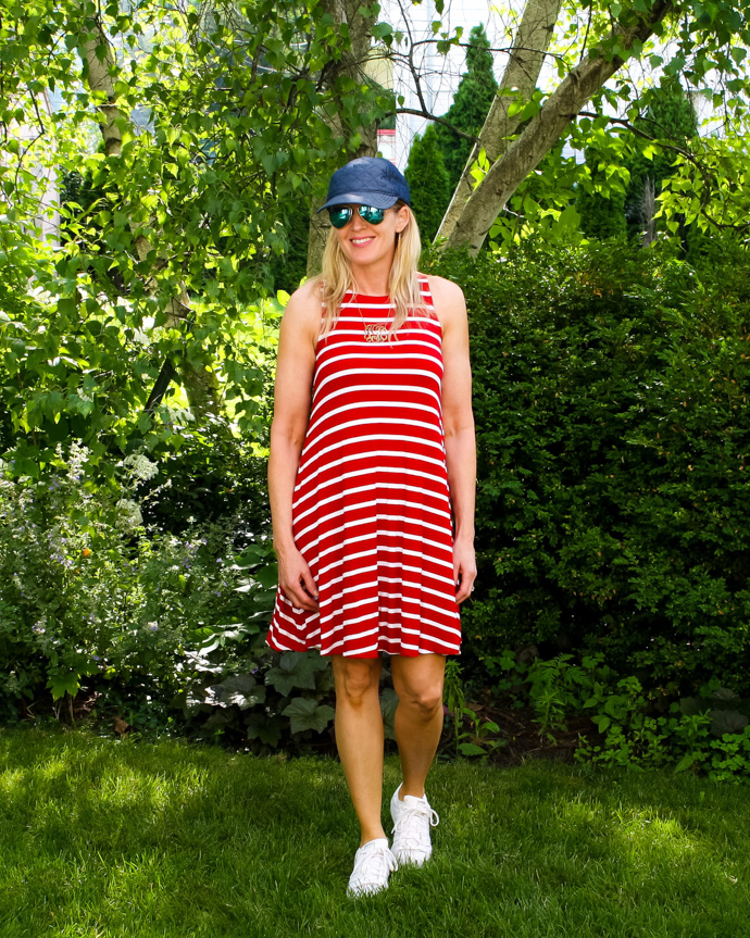 red and white striped swing dress