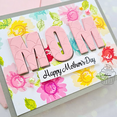 Mother's day card, Altenew daisy stamp card, altenew caps bold alphabet dies card, card for mom, Altenew scales debossed cover plate, quillish