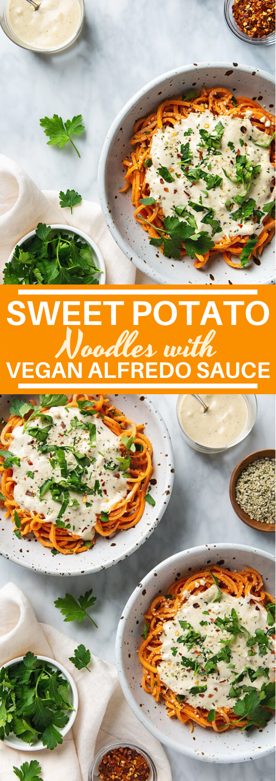 Sweet Potato Noodles with 5-Minute Vegan Alfredo Sauce #vegan #healthy #glutenfree #dinner #pasta