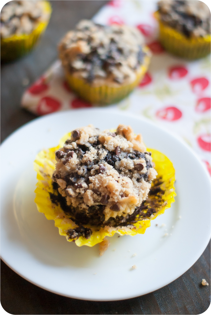 chocolate banana muffins with cookie dough streusel