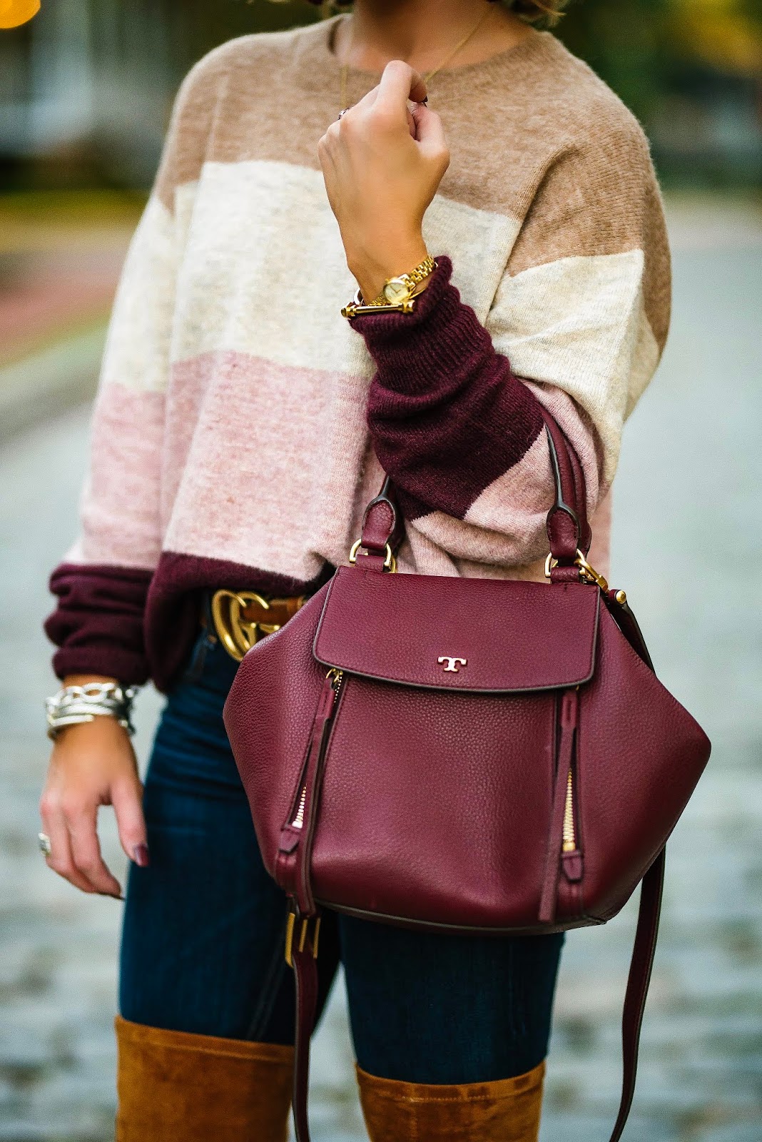 Pink & Burgundy Color Block Sweater + OTK Boots - Something Delightful Blog