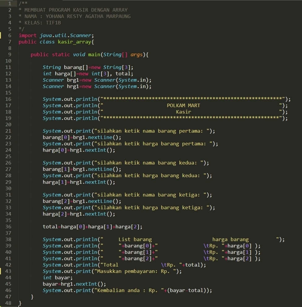 MEMBUAT PROGRAM KASIR SEDERHANA MENGGUNAKAN ARRAY DENGAN BAHASA JAVA