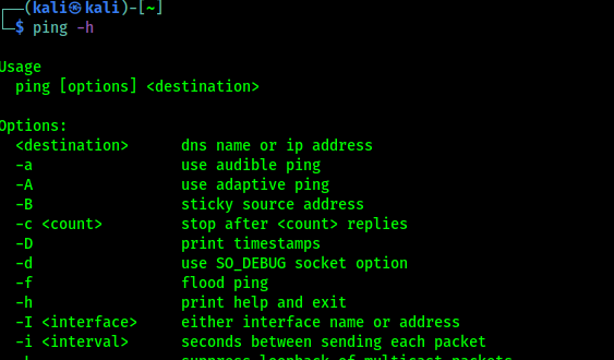 Ayuda de ping en Kali Linux