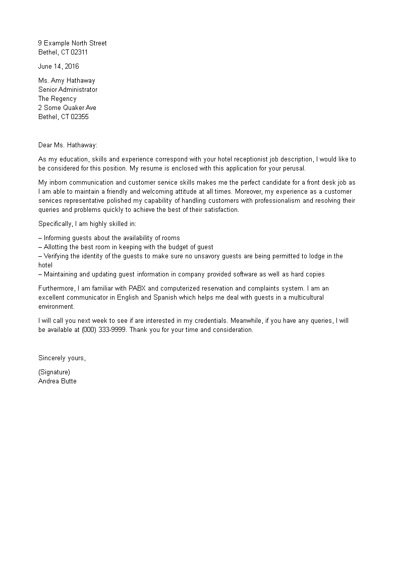 Cover Letter For Receptionist Position In Hotel | Sample Letter