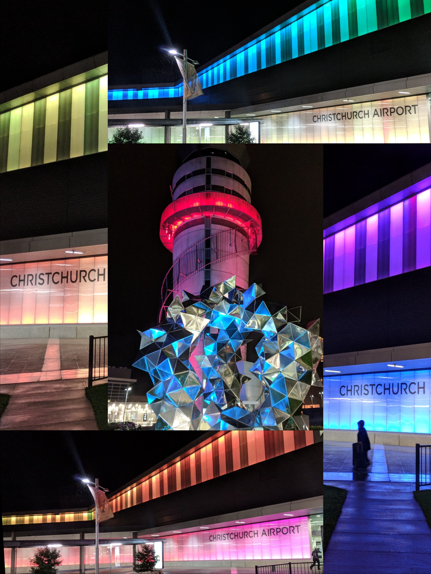 Collage of Christchurch Airport lit in different colours