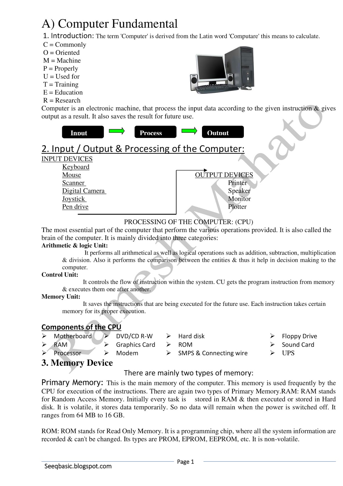 Computer Science & Programming : Basic Computer Notes