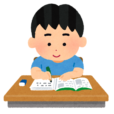 机で勉強をする生徒のイラスト（男子）