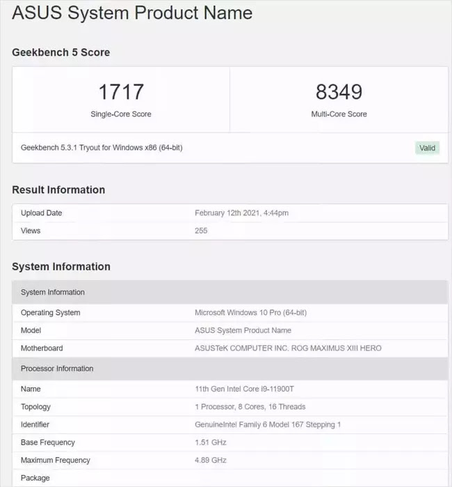 Intel Core i9-11900T Rocket Lake Tek İplikli Geekbench Sonuçları