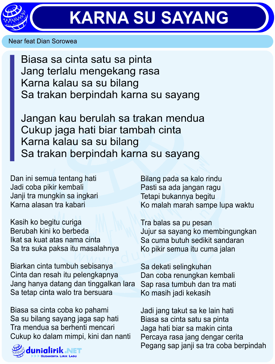 Lirik Lagu Karna Su Sayang By Near Feat Dian Sorowea Official Dunialiriknet