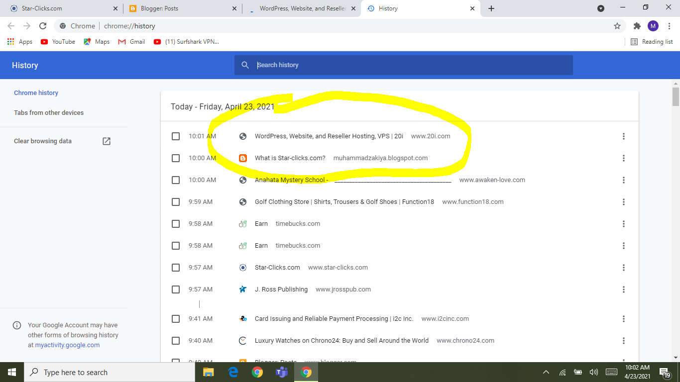 Screenshot of browser history