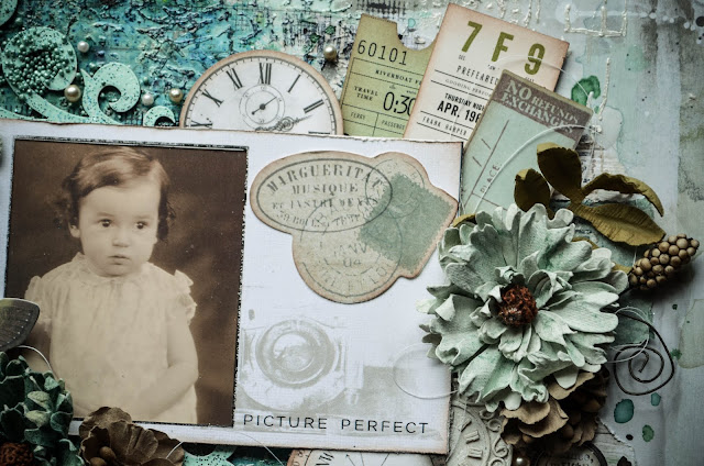 Pale baby blue mixed media scrapbook layout with 49 and Market Flowers, prills, die cuts