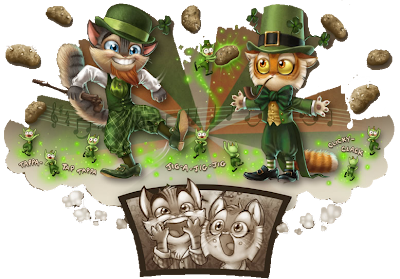 [Rocky and Calvin appear in traditional Irish clothes. Rocky dances a jig while Calvin plays the role of a leprechaun. Several green little "wee folk" dance at their feet, and potatoes float around them … But it's just their delighted imaginings.]