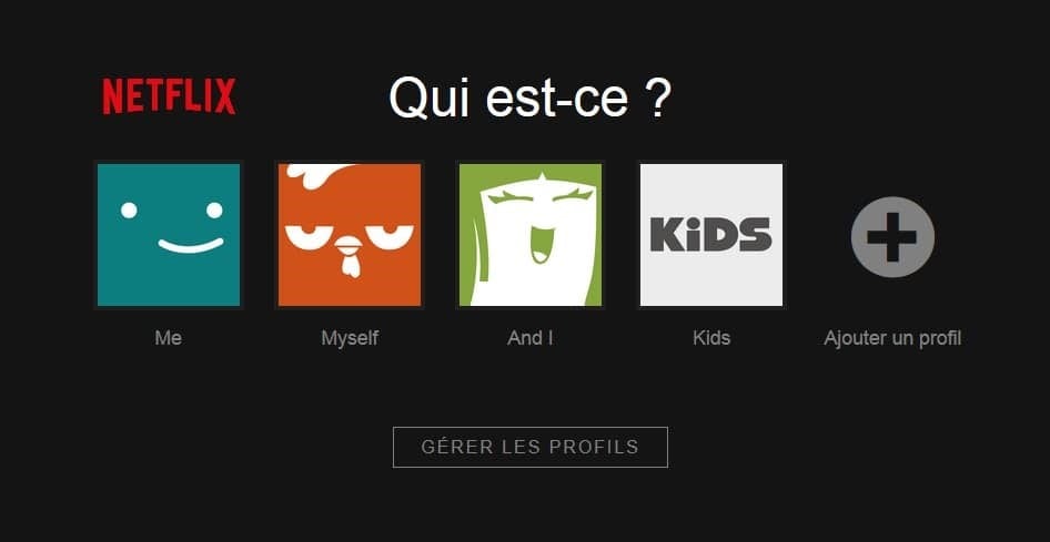 écran affichant les différents profils d'un compte Netflix