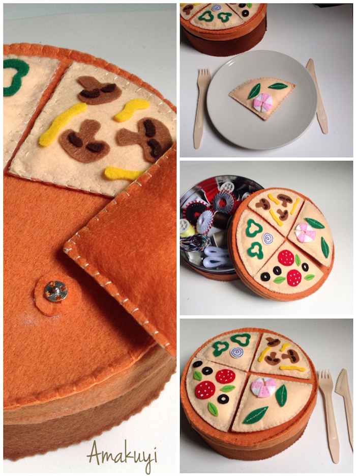 Reciclar latas de galletas: costurero de fieltro con forma de pizza