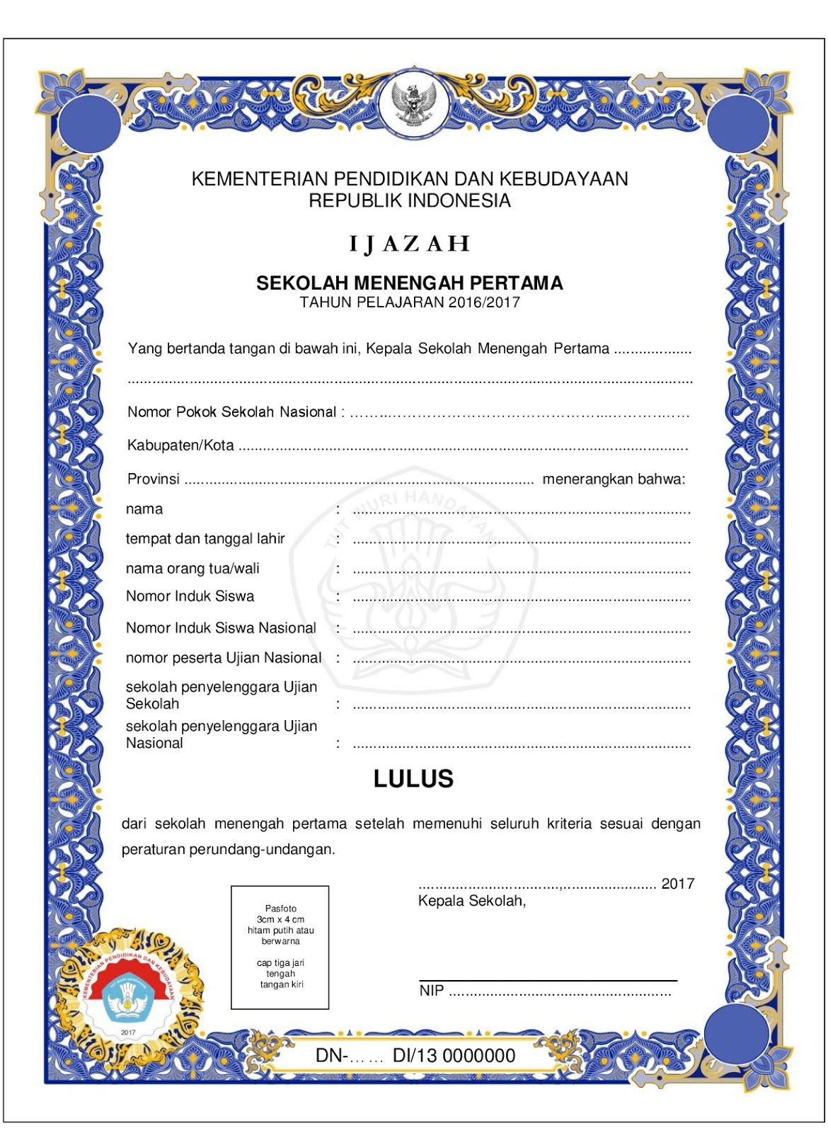 Download Contoh Blangko Ijazah SMP Tahun 2017 SIDAPODIK Download Contoh Blangko Ijazah SMP Tahun 2017 SIDAPODIK