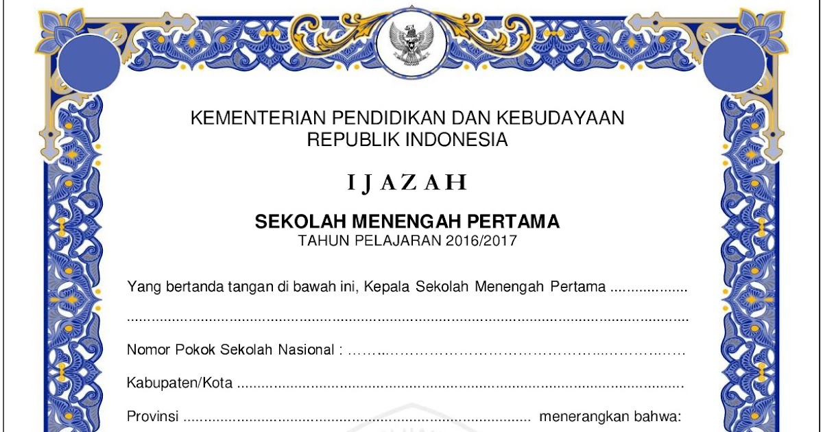 Download Contoh Blangko Ijazah SMP Tahun 2017 SIDAPODIK