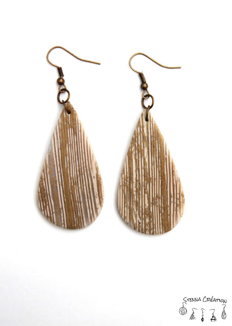 Boucles oreilles pâte polymère beige translucent imitation ivoire Silk screen écorce bronze Stenna Création