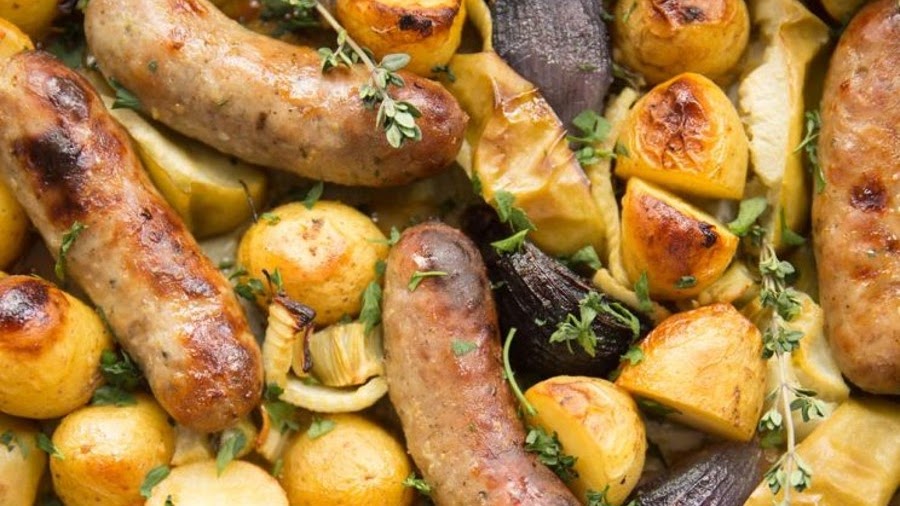 Sticky Honey Mustard Sausage Tray Bake