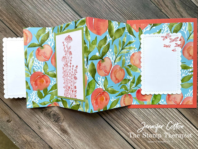 Peach Fan Fare card using Stampin' Up!'s You're a Peach Designer Series Paper (DSP).  The bundle is Dragonfly Wishes.   Select designer papers are 15% off through Aug 2, 2021.  www.StampTherapist.com #StampinUp #StampTherapist #DragonflyWishes