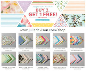 September 2019: Stampin' Up! Annual Catalog Designer Paper Sale: Buy 3, Get 1 FREE ~ www.juliedavison.com/shop