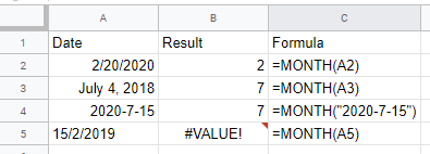 Google Sheets - MONTH function