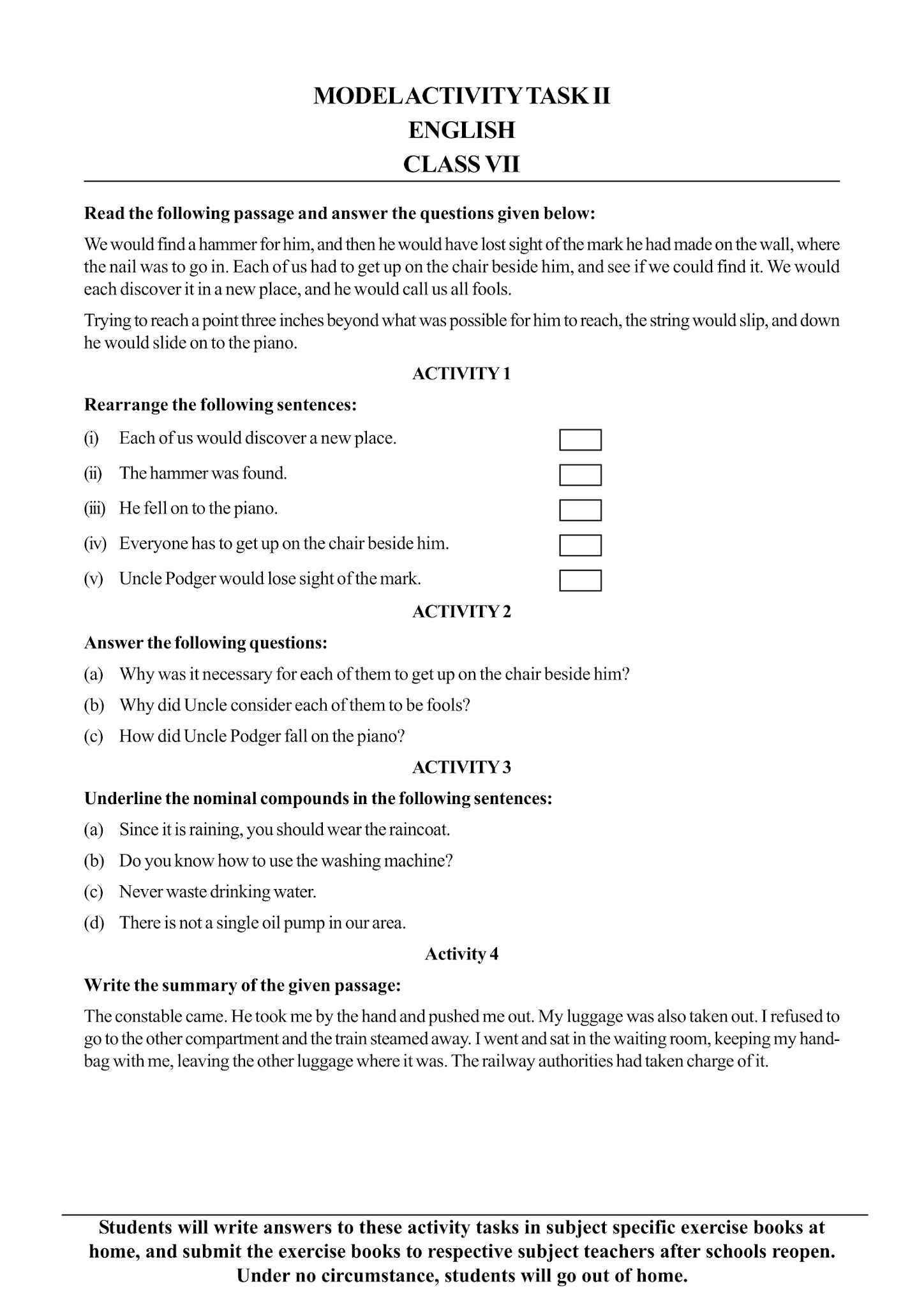 Model Activity Tasks | Second Language (English) | CLASS 7 | Part Two | 2021 | PDF | Question & Answer