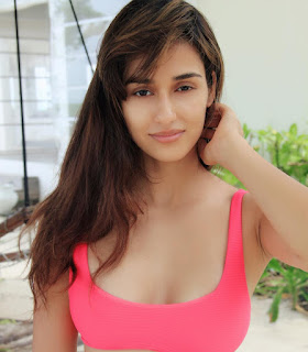 Disha Patani revealing her triangular bra though fishnet cami top sitting on sandy beach