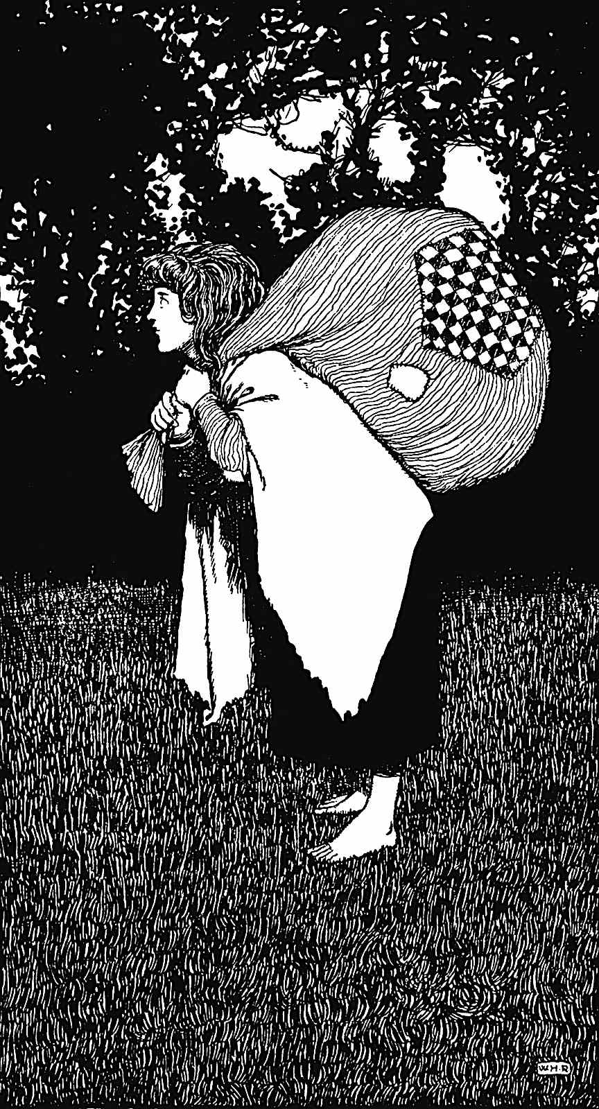 W. Heath Robinson a W. Heath Robinson illustration of a woman in full profile carrying a lage sack