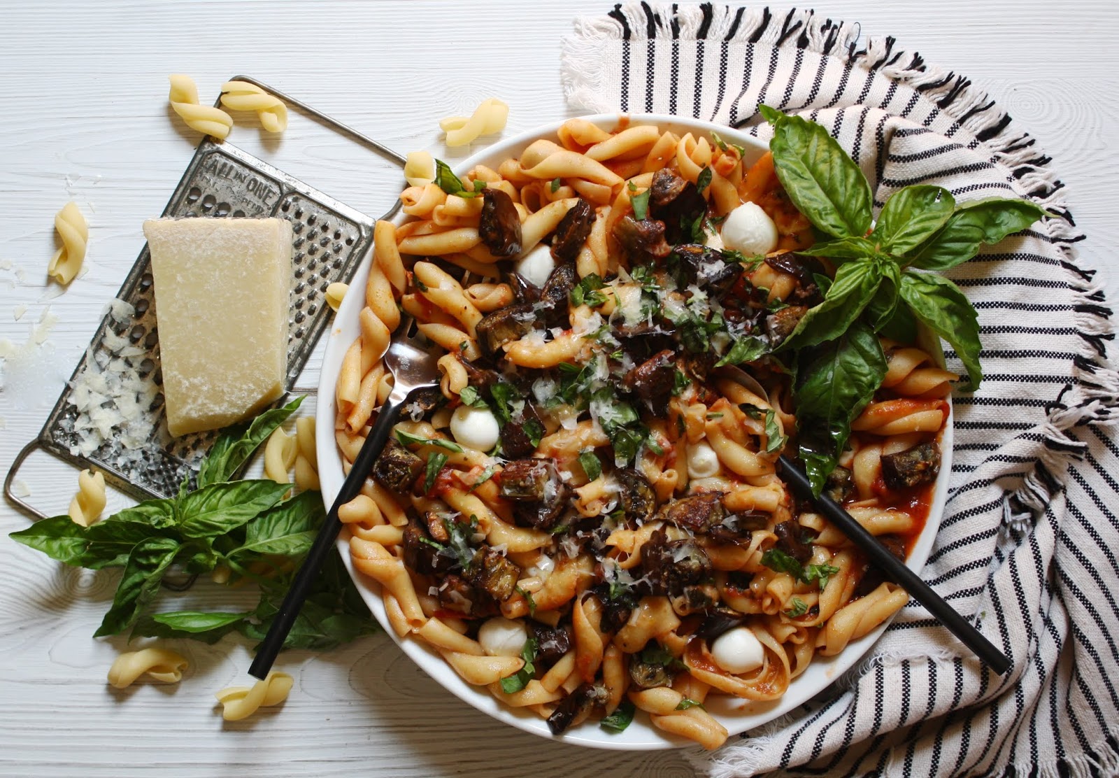salted sugared spiced™ Pasta in Roasted Eggplant Tomato Sauce w/ Basil