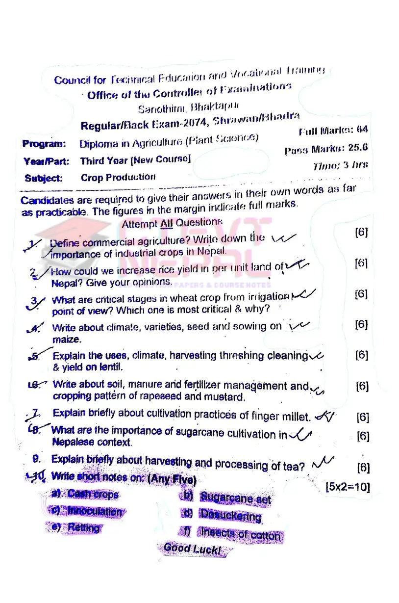 Crop Production 3rd Year Question Papers CTEVT Diploma in