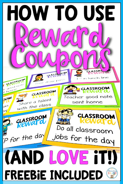 {Freebie} Are you thinking about implementing classroom reward coupons for your behavior management plan?  Say good-bye to spending money on treasure boxes and hello fun!  Students of all ages love this positive reinforcement because they are given a choice.  Use classroom reward coupons for all elementary grade levels - kindergarten, first, 2nd, 3rd, 4th, 5th and homeschoolers.  There is a reward for everyone!  #classroomrewardcoupons #classroomrewardselementary