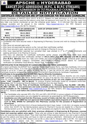 Pharm.D Eamcet 2012 Counseling Notification Pharma D Andhra Pradesh