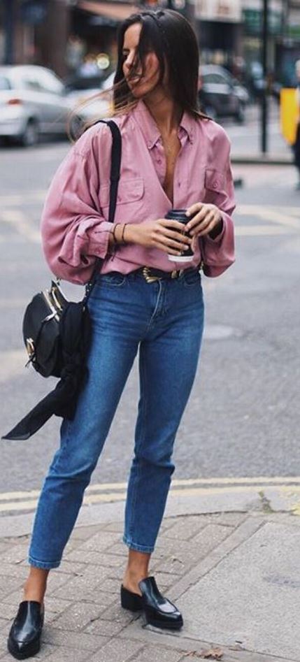 spring street style perfection / blush blouse + bag + jeans + loafers