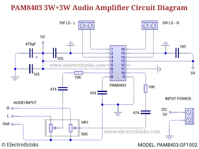 Schematic of PAM8403 GF1002 Audio amplifier module circuit