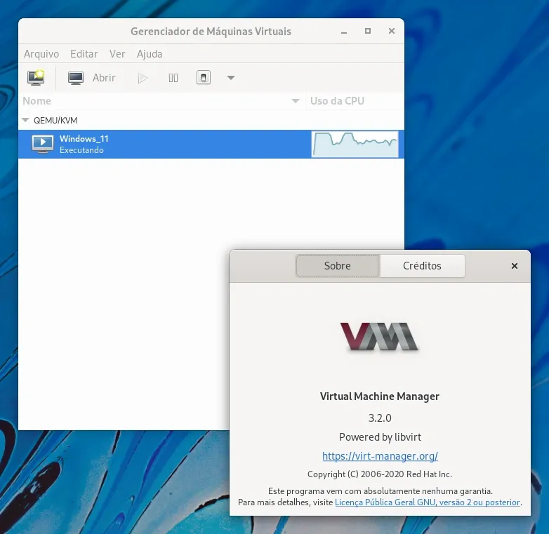 Virtual Machine Manager executando no Fedora 35 Workstation