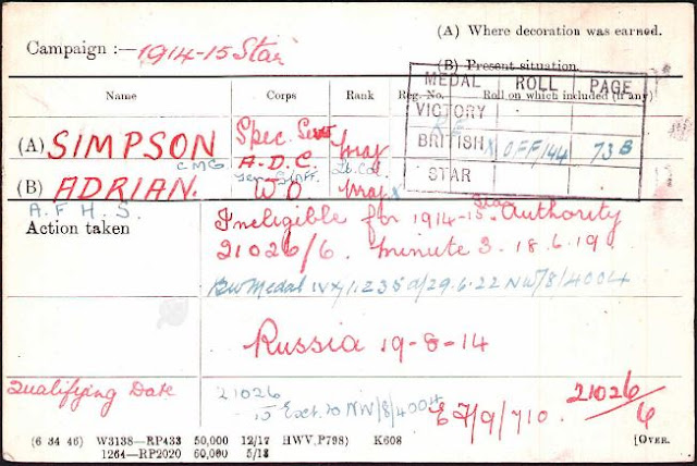 First World War Medal Card of Adrian Francis Hugh Sibbald Simpson (from Ancestry) First World War Medal Card of Adrian Francis Hugh Sibbald Simpson (from Ancestry)