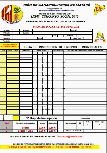 Hoja de inscripción 2013 y codigos en formato excel