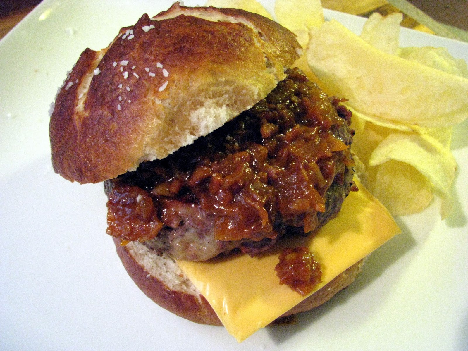 Mia Cucina Bacon Cheeseburgers on Salted Pretzel Buns