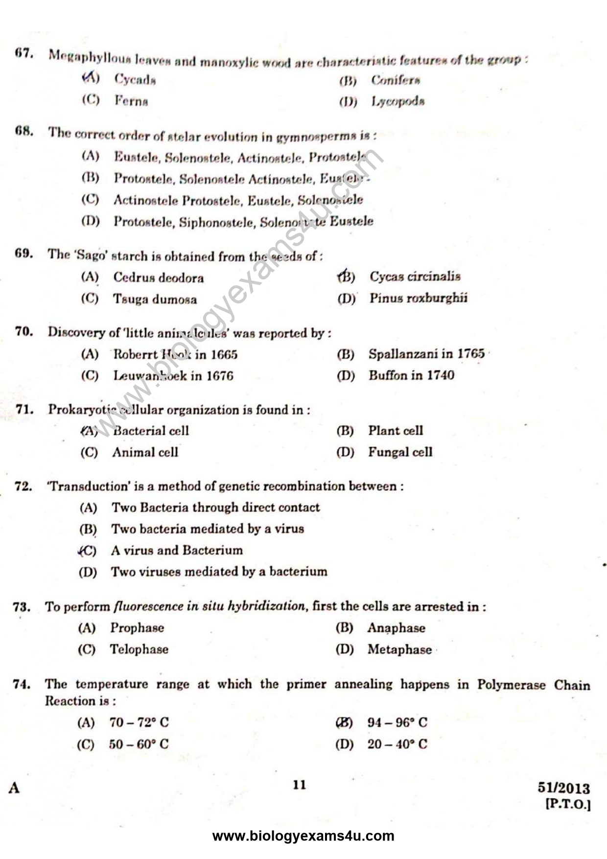 Scientific Officer Biology - Question Paper with Answer Key 51/2013