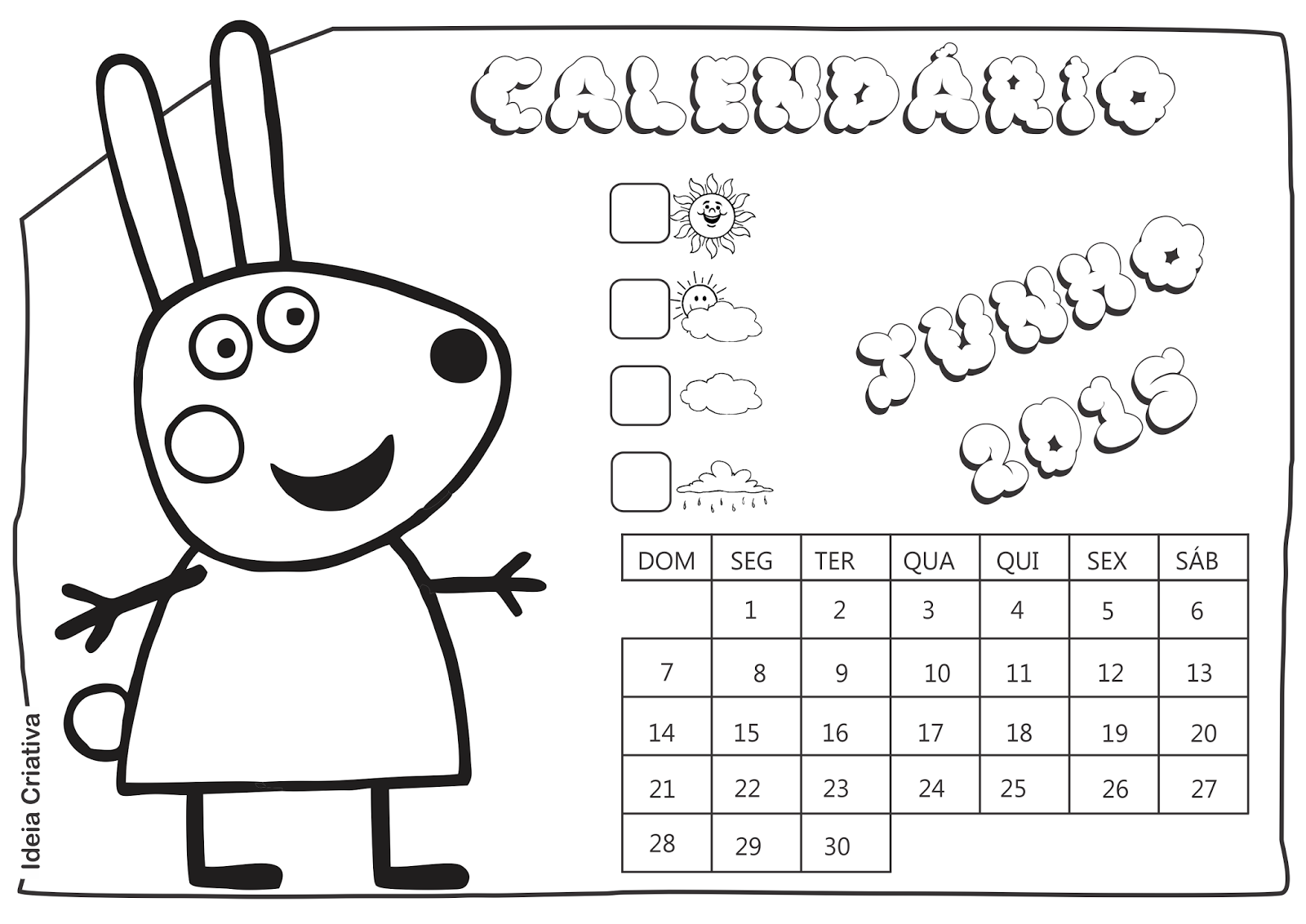 Calendário Junho 2015 Peppa Pig e Seus Amigos para Imprimir Grátis