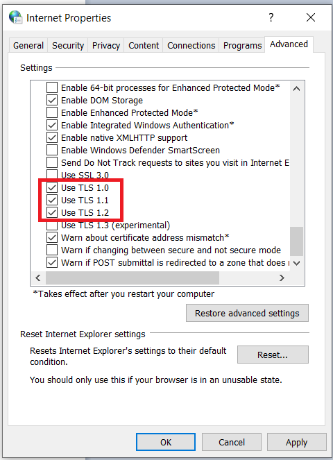 Failed to establish the VPN connection. This may be caused by a mismatch in the TLS version.