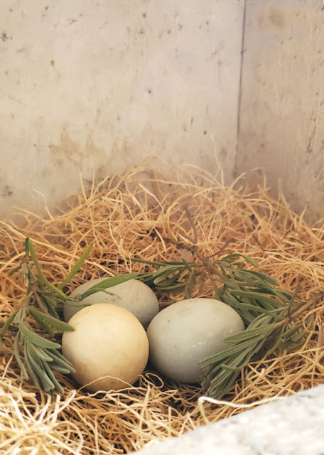 nesting box filled with eggs and lavender
