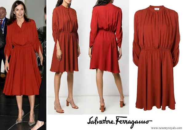 Queen Letizia wore SALVATORE FERRAGAMO long sleeve flared midi dress