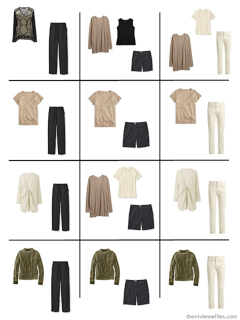 a dozen outfits from a 16-piece wardrobe in black, ivory, taupe and sage green a dozen outfits from a 16-piece wardrobe in black, ivory, taupe and sage green