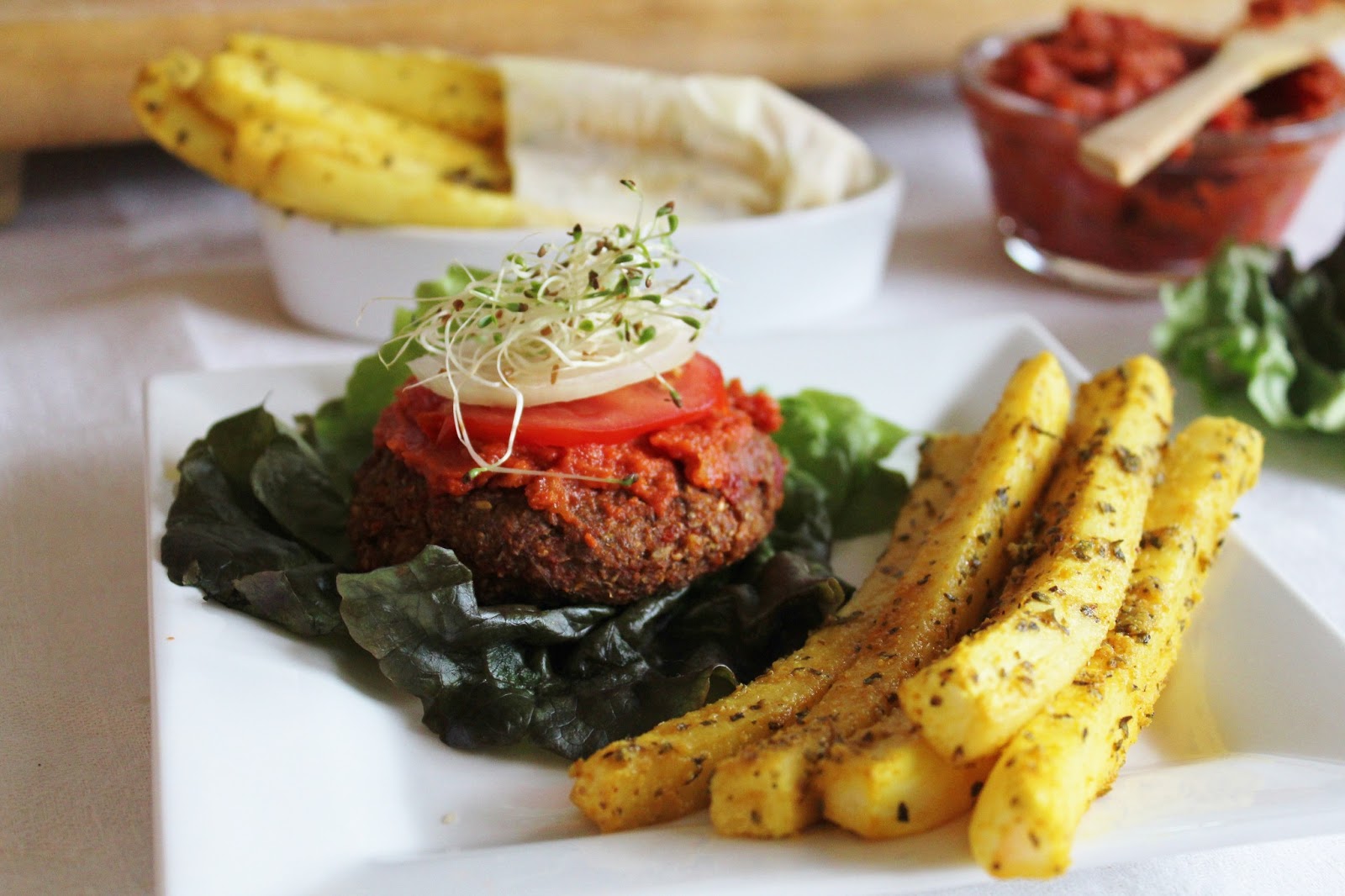 This Rawsome Vegan Life raw yam burgers & daikon fries with ketchup