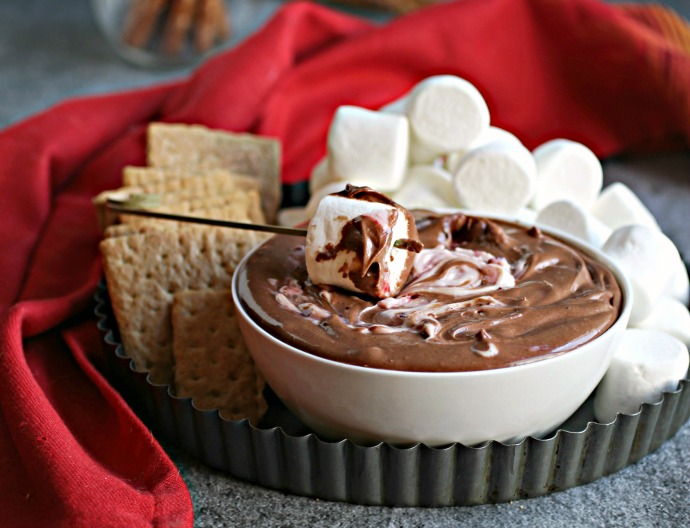 Recipe for a creamy brownie flavored sweet dip with a cherry swirl.