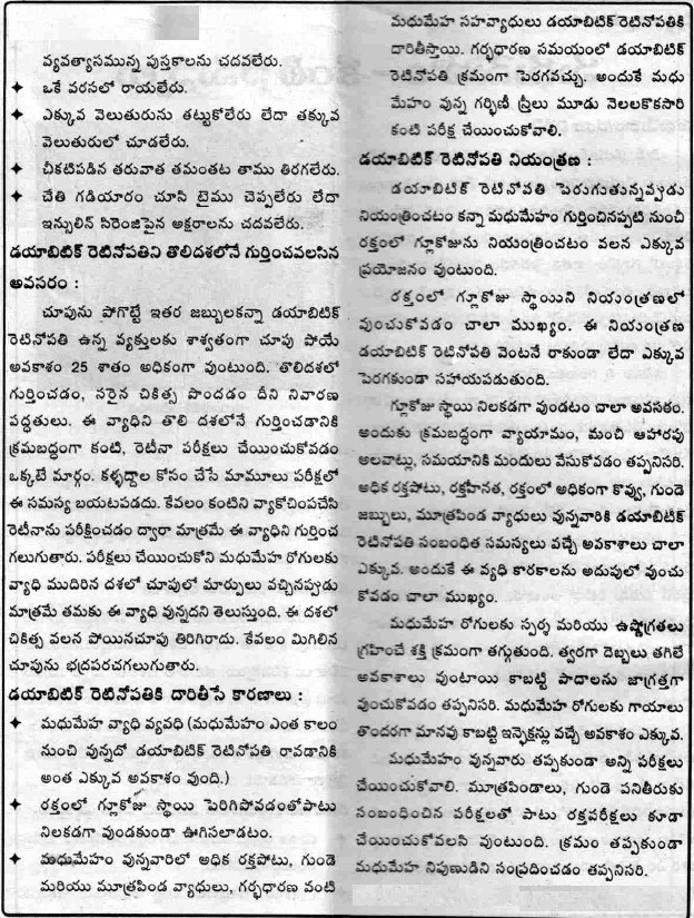 TELUGU WEB WORLD Telugu Article on Diabetes Sugar Effect on Eyes