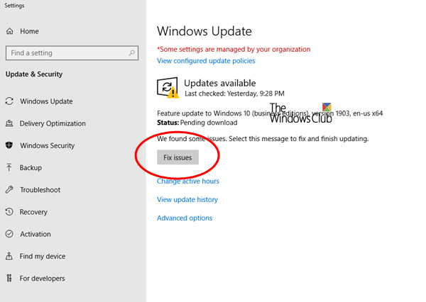 Кнопка «Исправить проблемы» на странице Центра обновления Windows