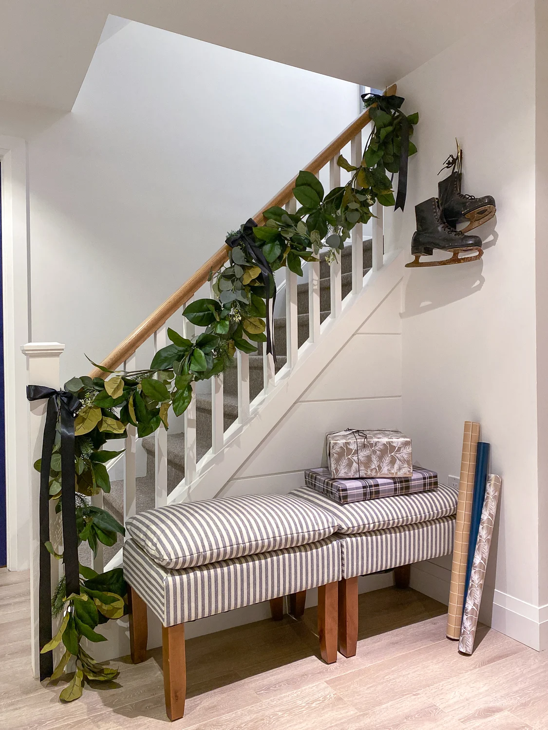 christmas bannister garland, christmas stair decor